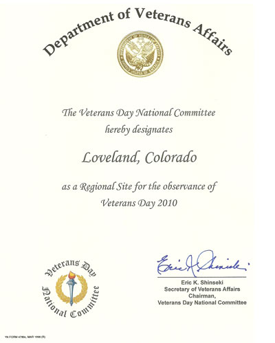 Dept. of Veterans Affairs Certificate 2010